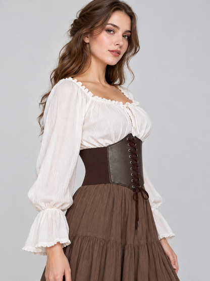 Wide dark brown corset belt with lacing and eyelets
