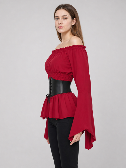 Red Off-the-Shoulder Top with Belt