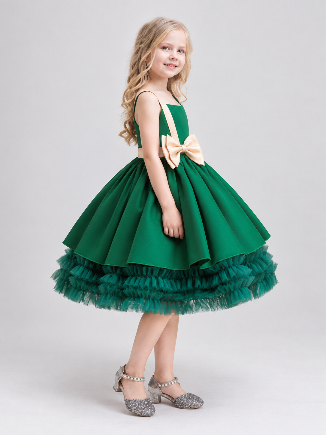 Dark Green Girls' Holiday Dress with Bow at the Waist