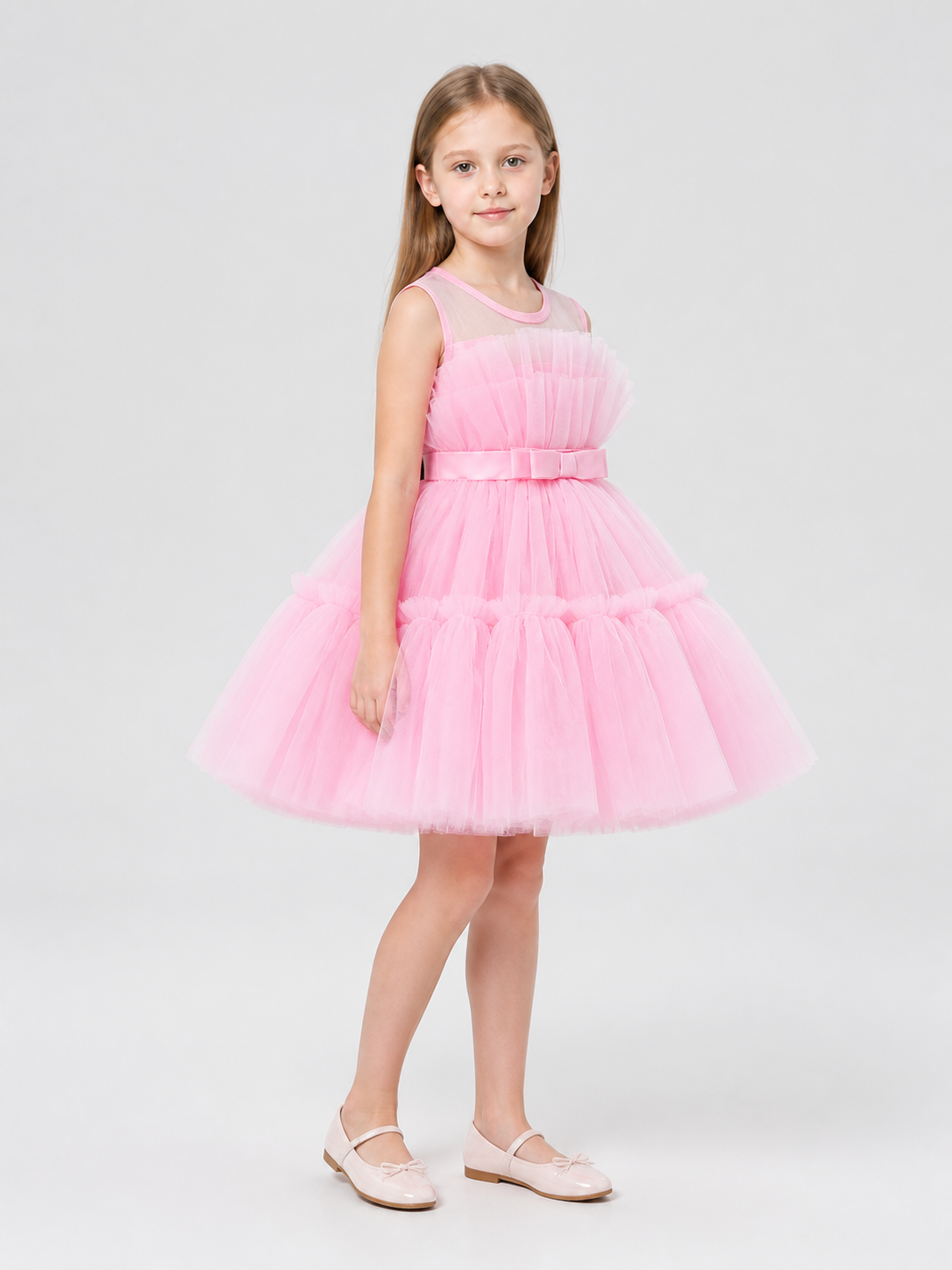 Puffy Pink Dress with a Layered Skirt and Bow side view