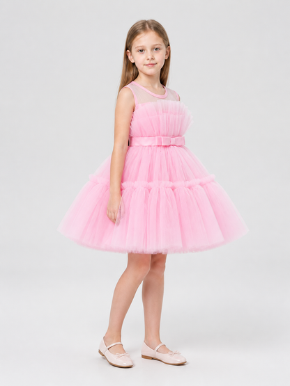 Puffy Pink Dress with a Layered Skirt and Bow side view