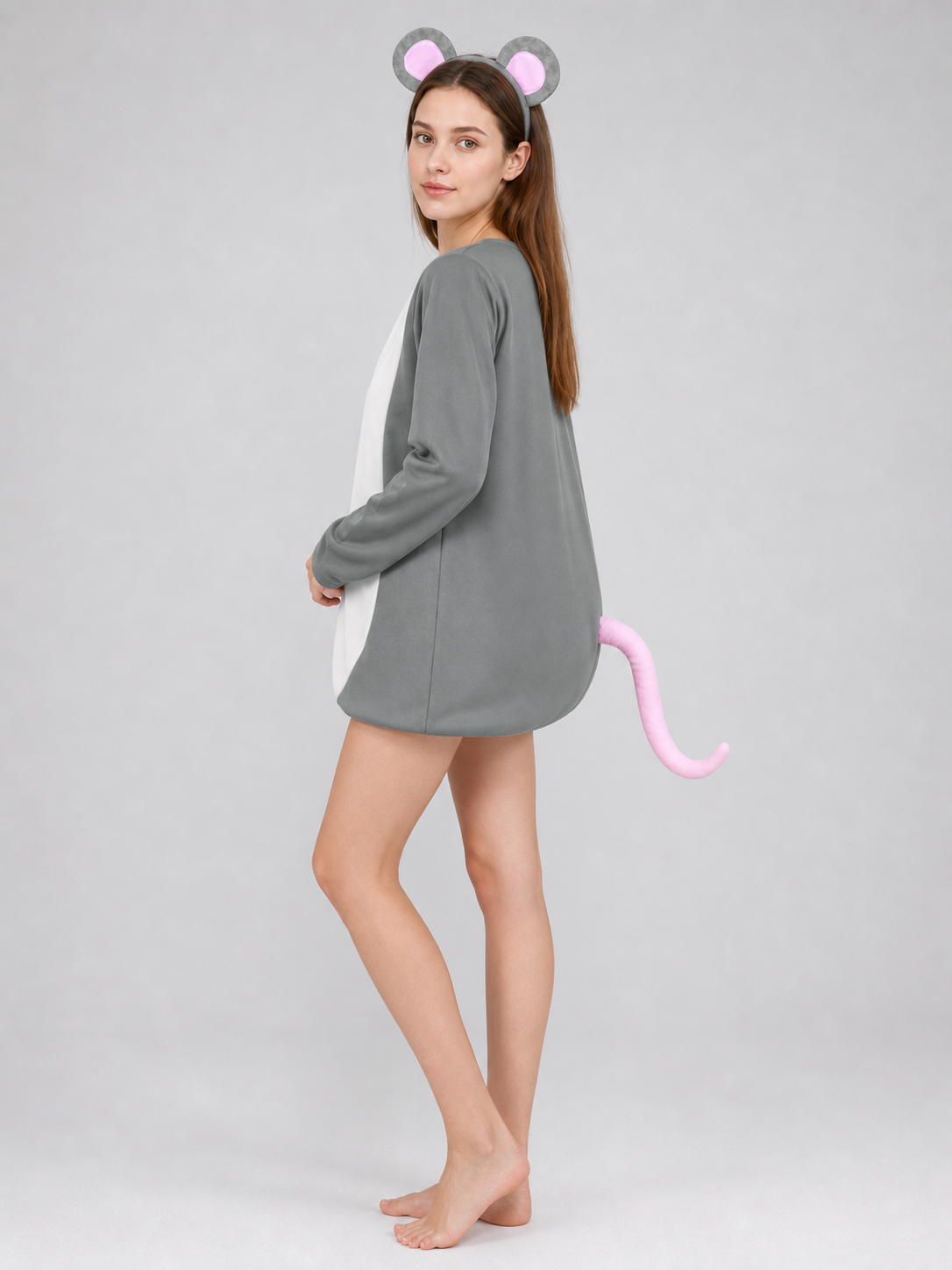 Adult Gray Mouse Costume Set with White Belly, Pink Tail and Mouse-Ear Headband for Costume Parties, Cosplay and Themed Events