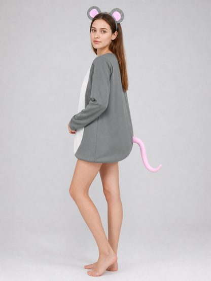 Adult Gray Mouse Costume Set with White Belly, Pink Tail and Mouse-Ear Headband for Costume Parties, Cosplay and Themed Events