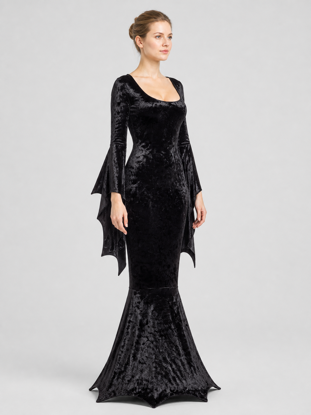 Black Vampire Costume with Bat-Wing Sleeves, Mermaid Dress side view