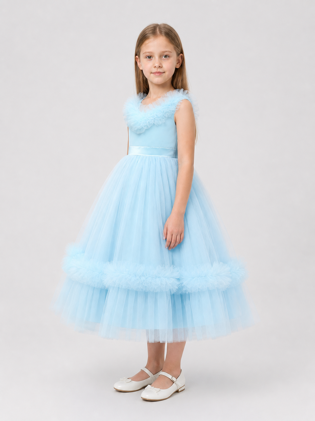 Girls' Light Blue Princess Dress with Full Skirt and Bow side view