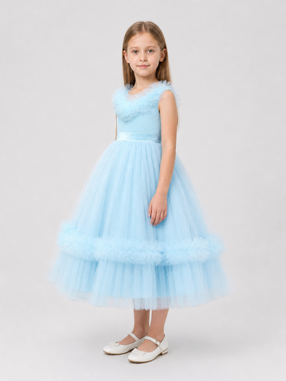 Girls' Light Blue Princess Dress with Full Skirt and Bow side view