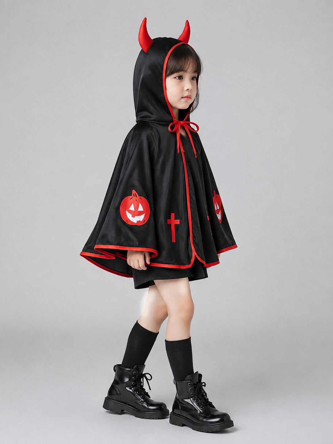 Carnival Cape with Hood and Witch Broom side view
