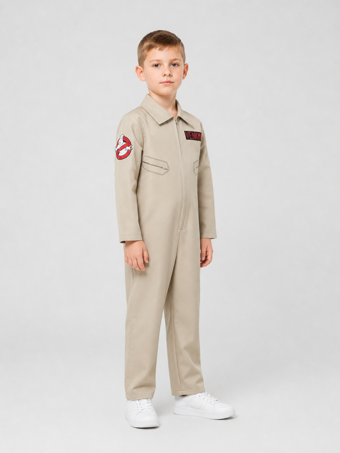 Venkman Cosplay Jumpsuit with Patches and Zipper side view