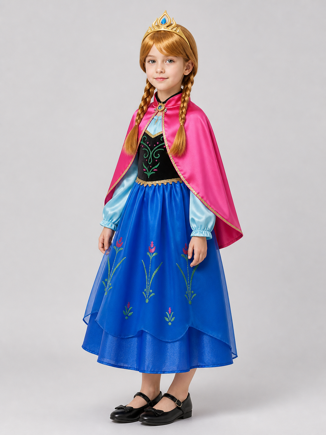 Children’s princess costume with cape, wig, and crown side view