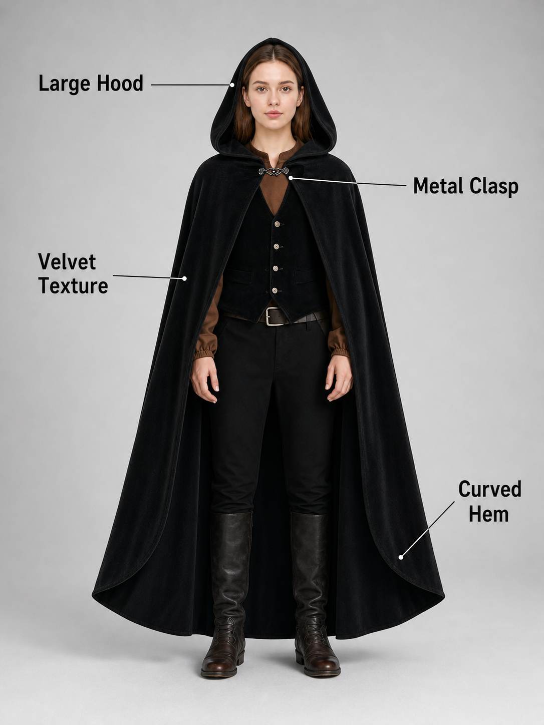 Long black hooded carnival cloak
