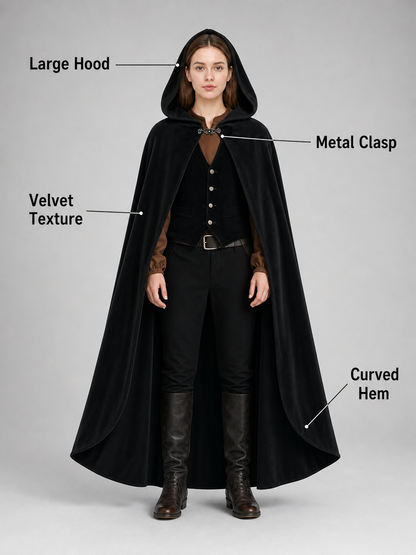Long black hooded carnival cloak