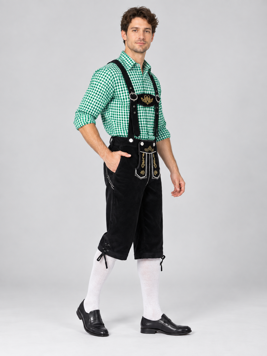 Oktoberfest Costume: Green Plaid, Black Breeches