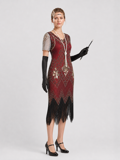 1920s Fringe Dress Set with Accessories side view