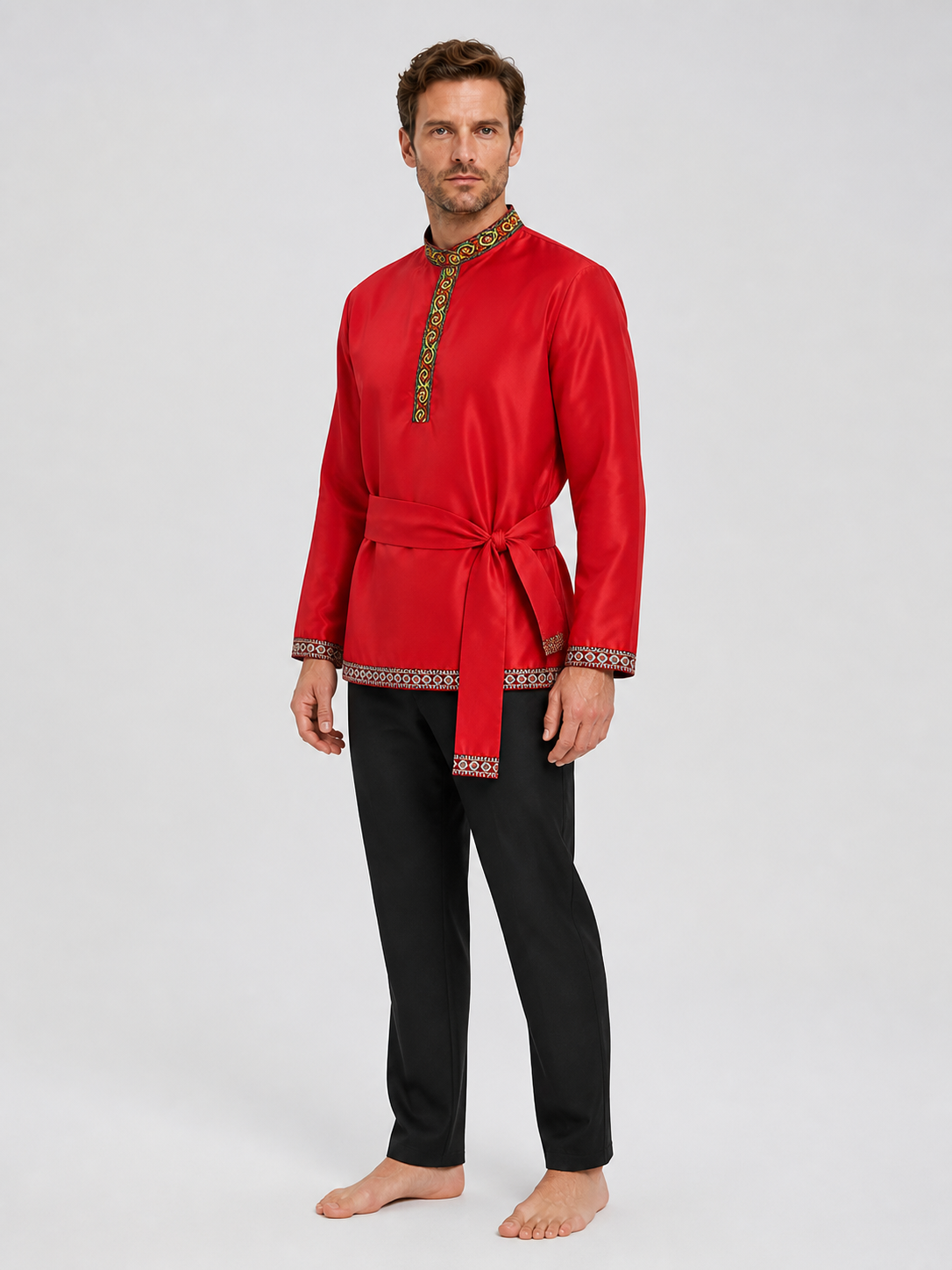 Red Russian Folk Costume with Embroidery and Ties side view