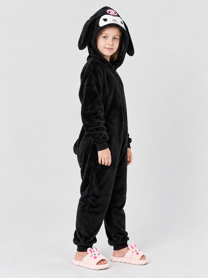 Flannel Hooded Pajama Jumpsuit with Appliqué