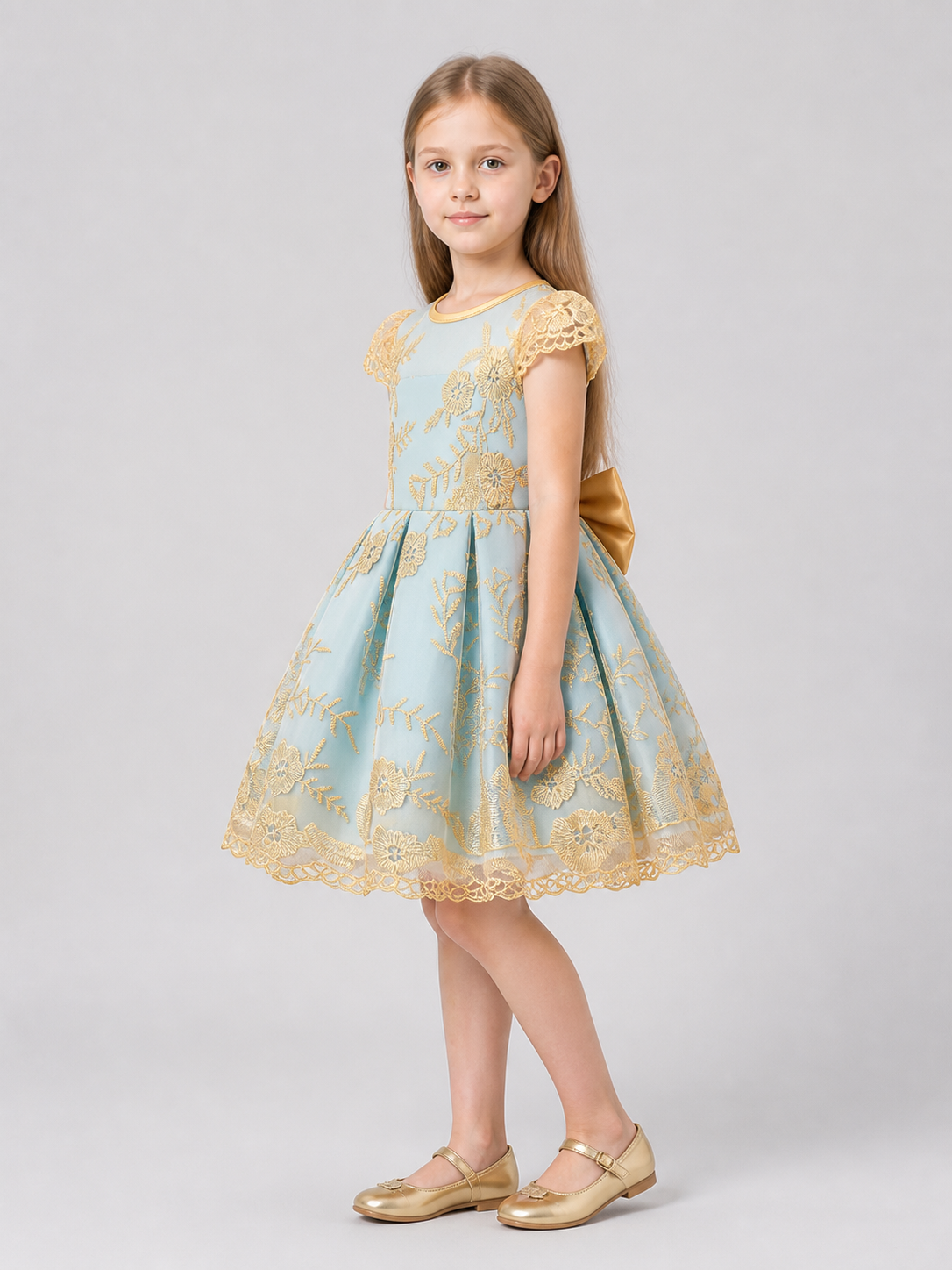 Children's Party Dress with Gold Embroidery and Bow