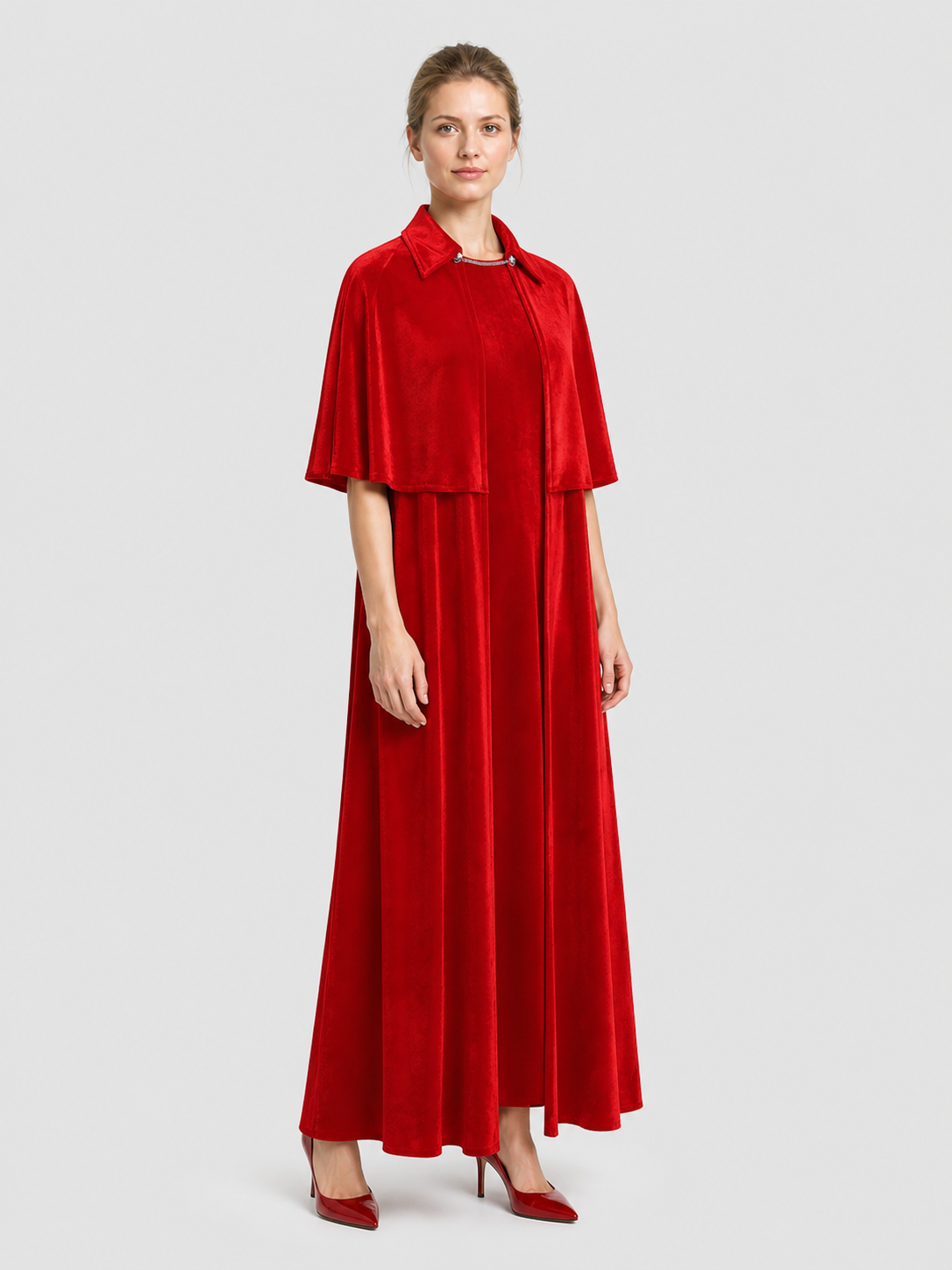 Red Dress and Cape for Vampire Cosplay on Halloween side view