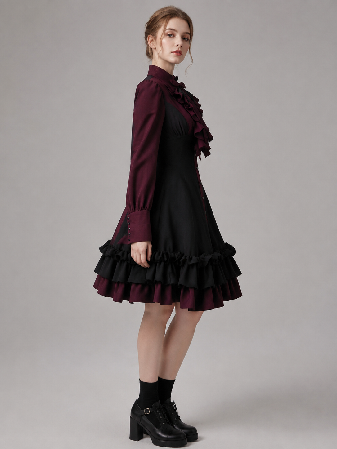 Gothic Dress with Bow, Ruffles, and High Collar side view
