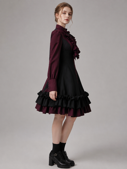Gothic Dress with Bow, Ruffles, and High Collar side view