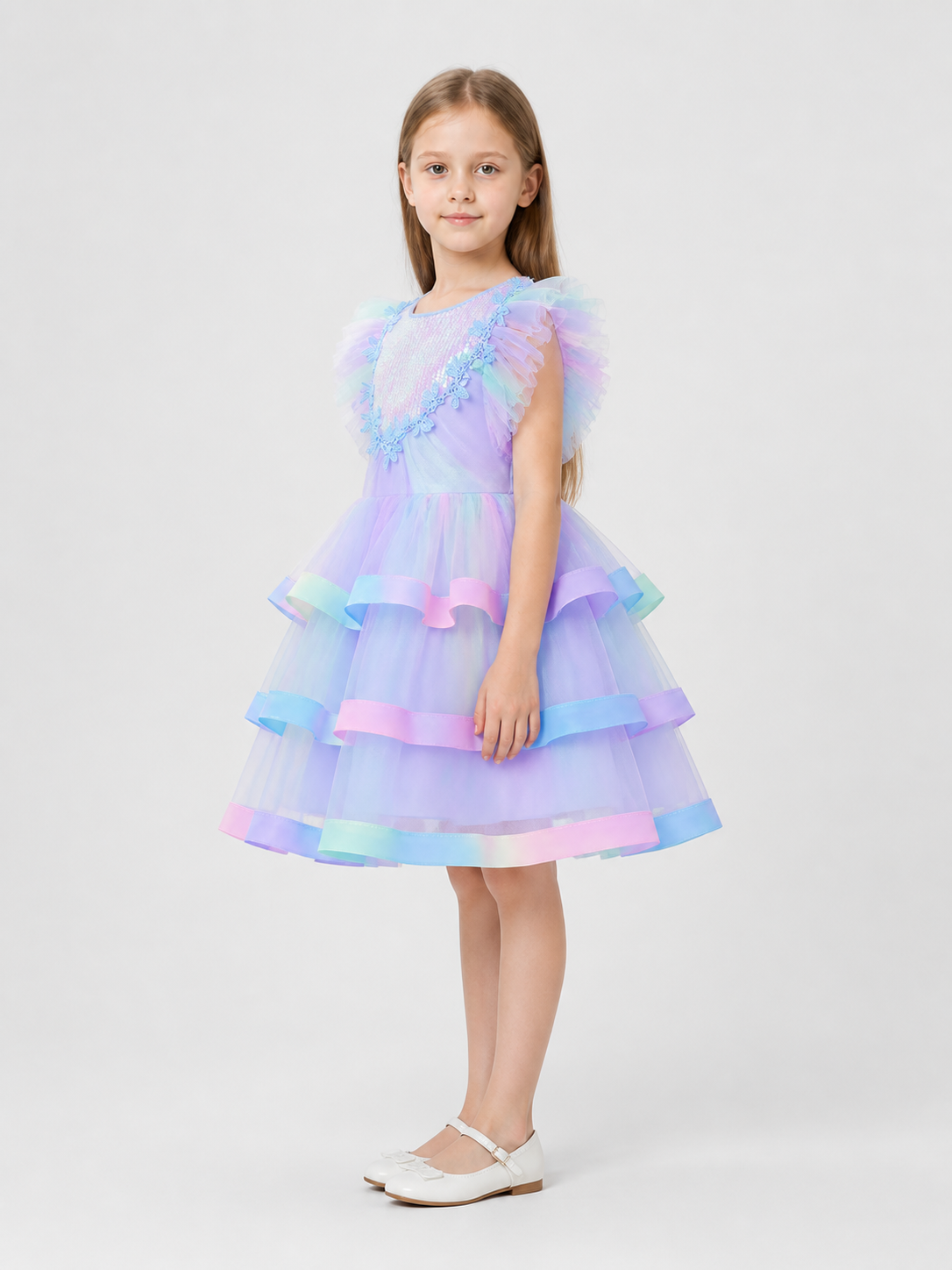 Children's Tulle Tutu Dress with Rainbow Trim side view