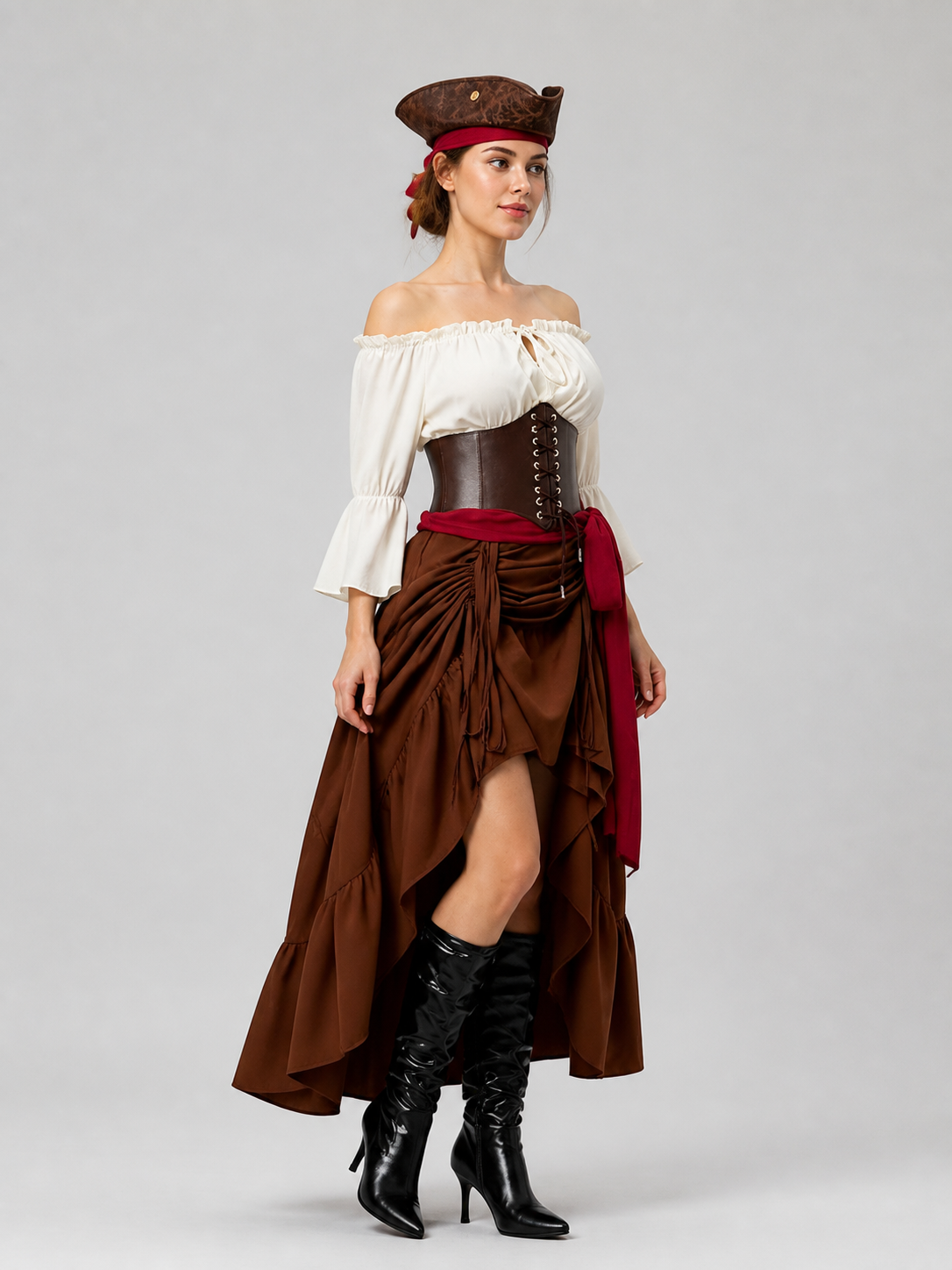 Long Pirate Skirt with Corset Waist and Ruffles side view