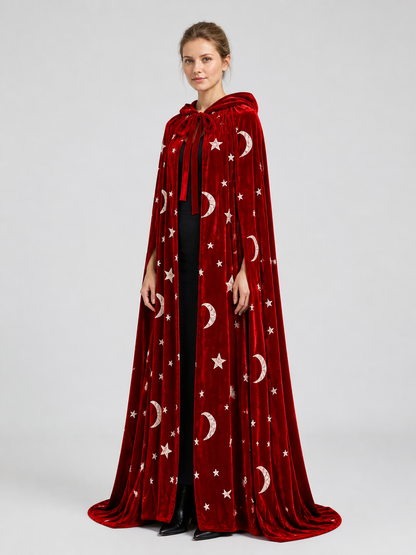 Adult Hooded Cloak with Stars and Moons, Burgundy, Floor-Length side view
