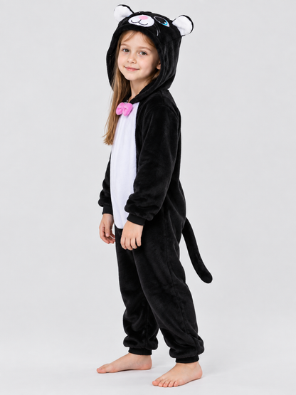 Black Flannel Pajama Jumpsuit with Hood and Ears