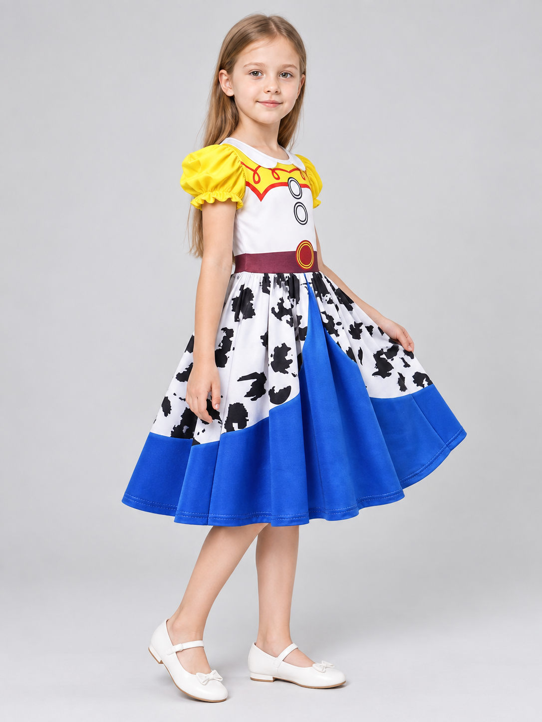 A-Line Children's Dress with Yellow Puff Sleeves side view