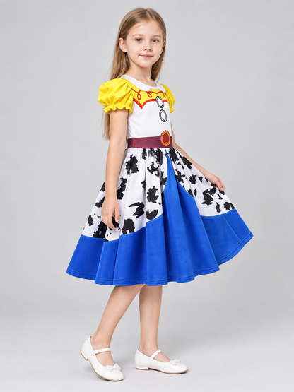 A-Line Children's Dress with Yellow Puff Sleeves side view