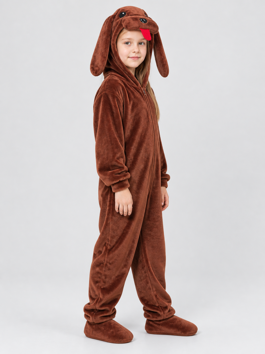 Brown Fleece Hooded Pajama Jumpsuit with Dog Design