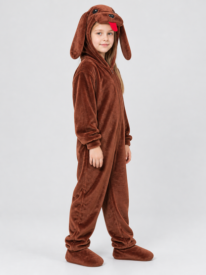 Brown Fleece Hooded Pajama Jumpsuit with Dog Design