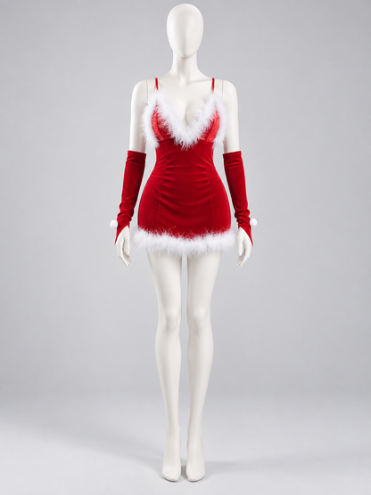 Red carnival dress with white faux fur trim