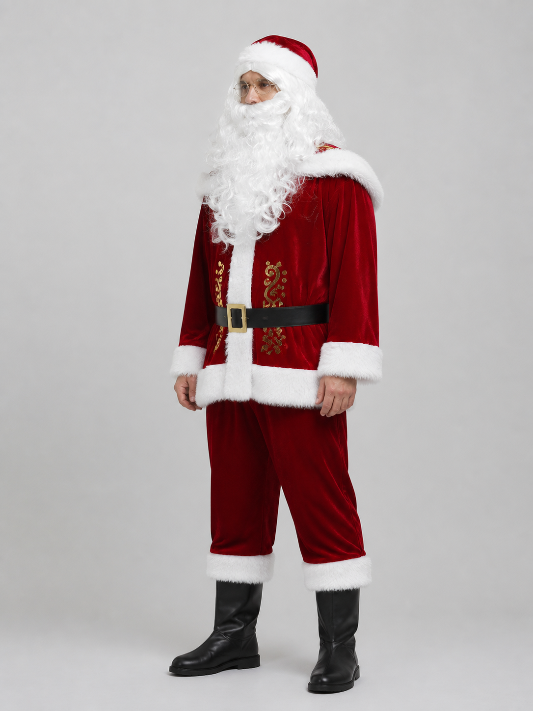 Red Santa Claus Costume with White Beard side view