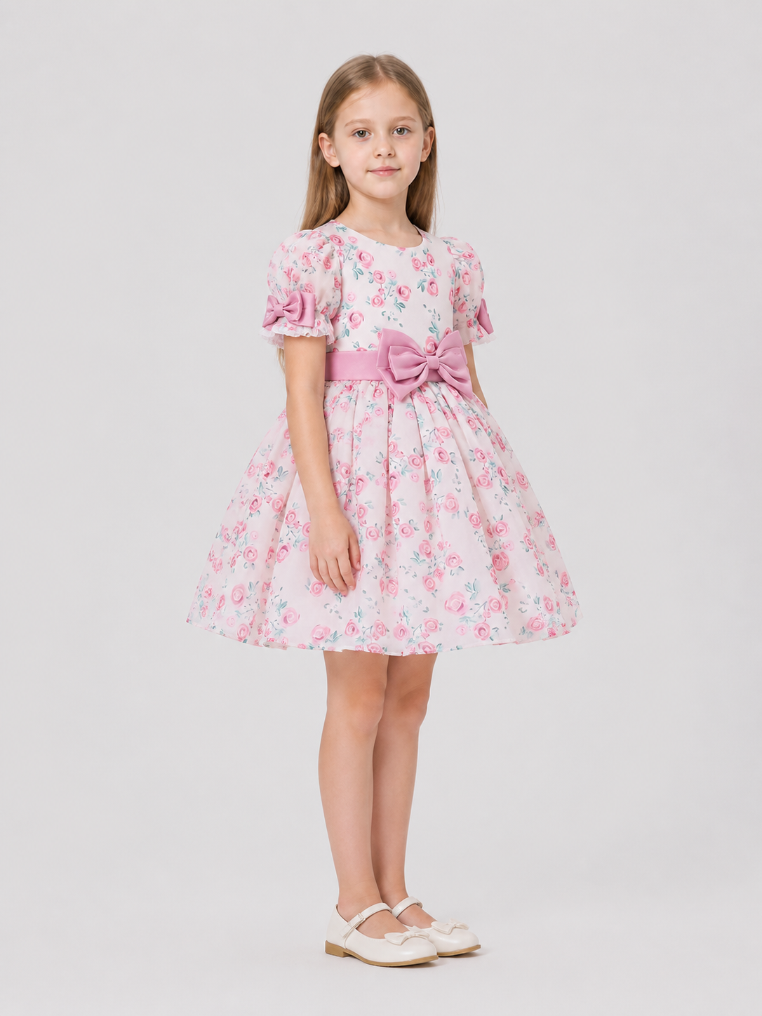 Dressy “Princess” Dress with Floral Print and Bow