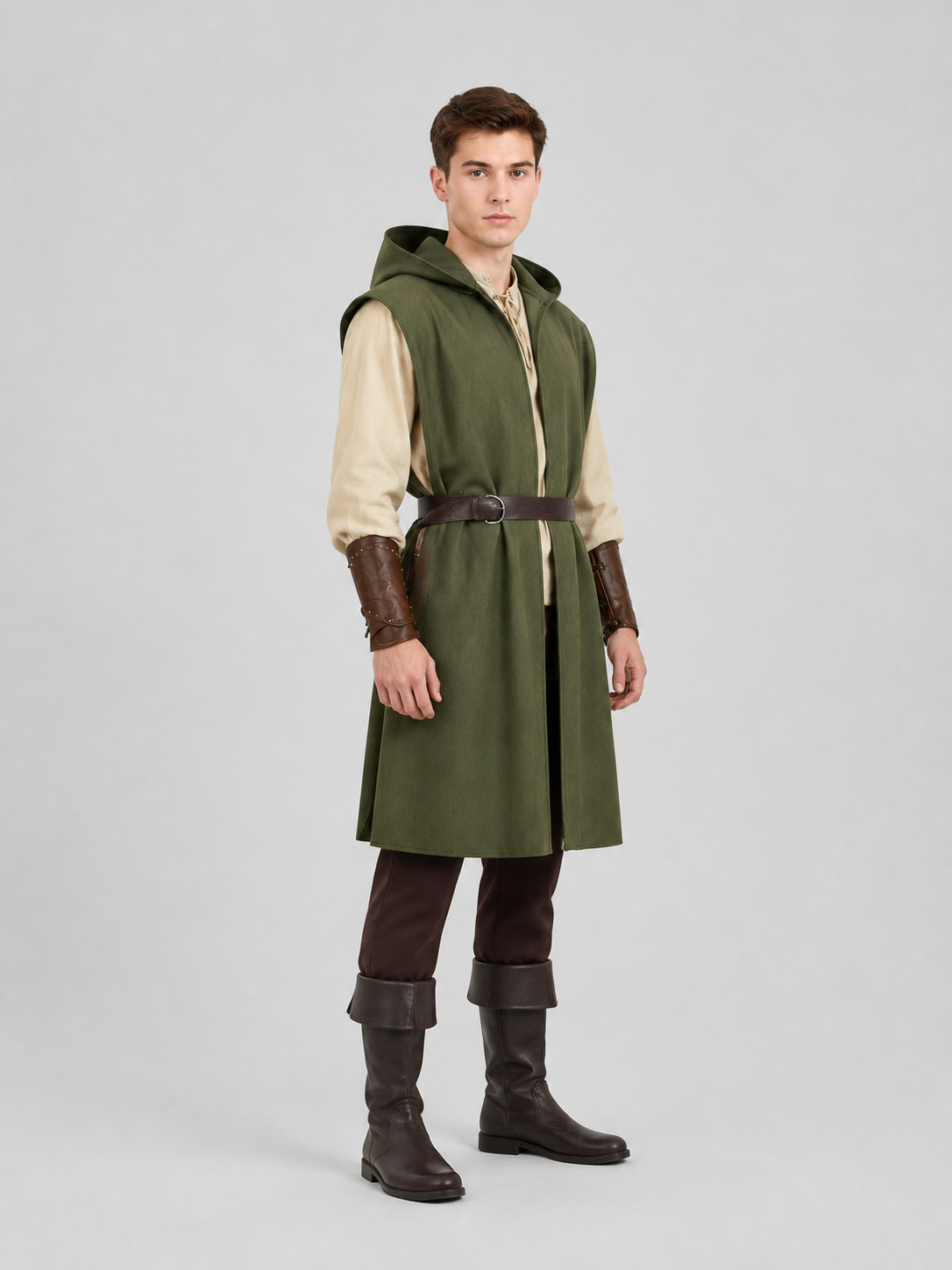 Medieval Fantasy Role Play Costume Set, 2-Piece Olive Green Hooded Sleeveless side view 2
