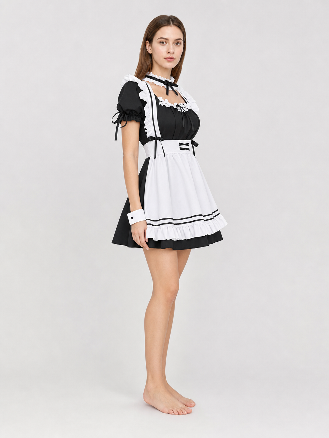Black-and-White Cosplay Uniform with Apron and Ruffles side view