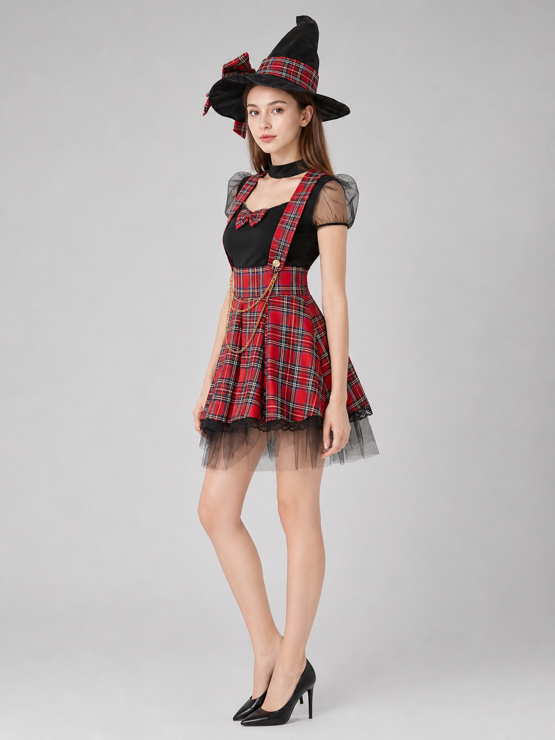 Short Red-and-Black Plaid Cosplay Dress side view