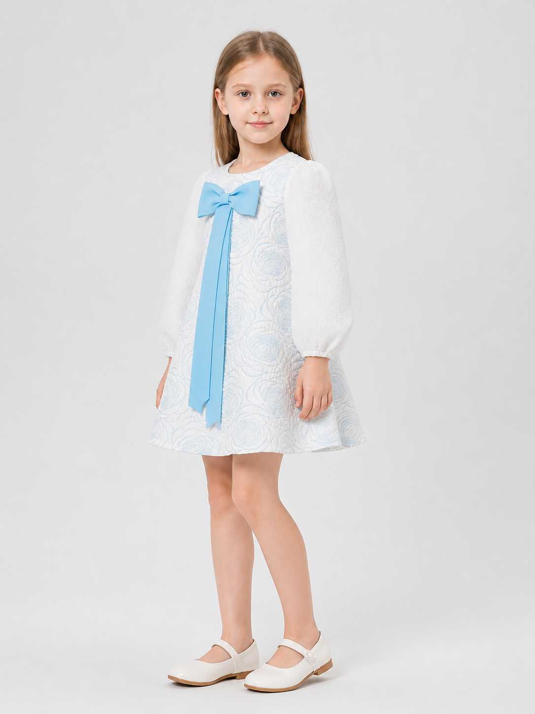 Children’s Dress with Bow, Full Skirt, Long Sleeves side view