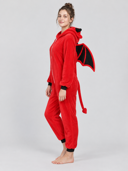 Red hooded jumpsuit pajama with wings and tail