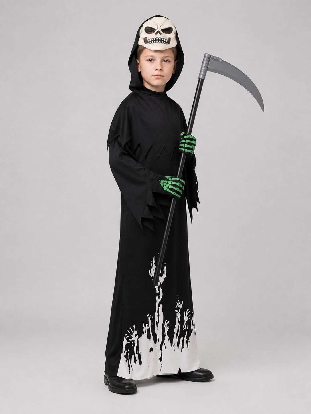 Reaper Jumpsuit Costume with Mask, Gloves, and Scythe side view
