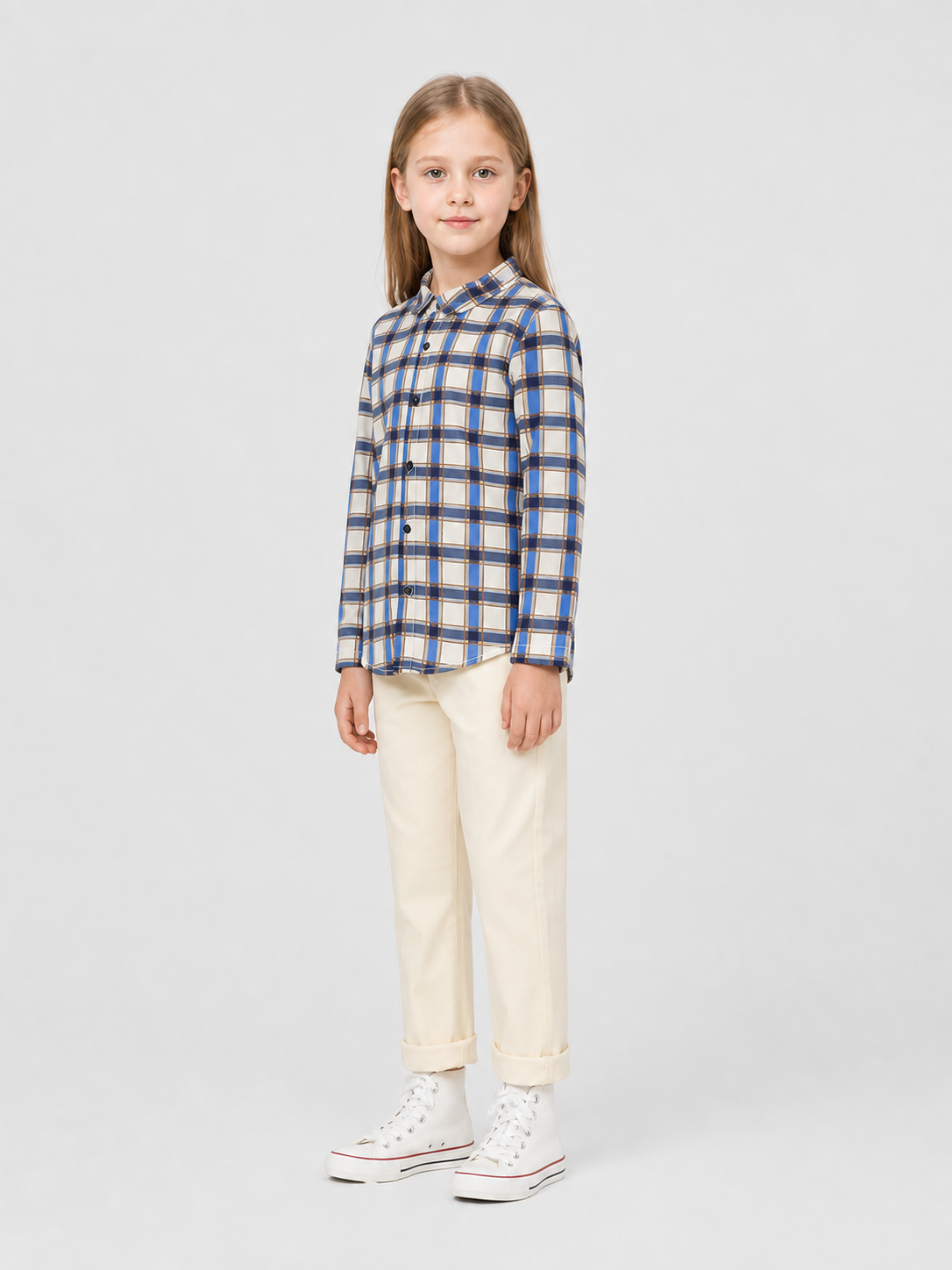 Long-Sleeve Plaid Shirt with Turn-Down Collar side view