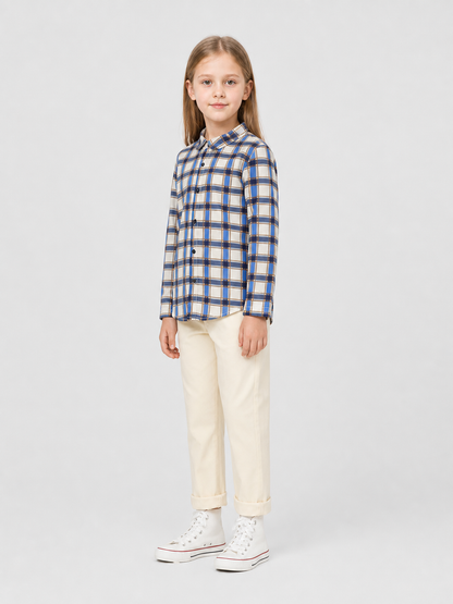 Long-Sleeve Plaid Shirt with Turn-Down Collar side view