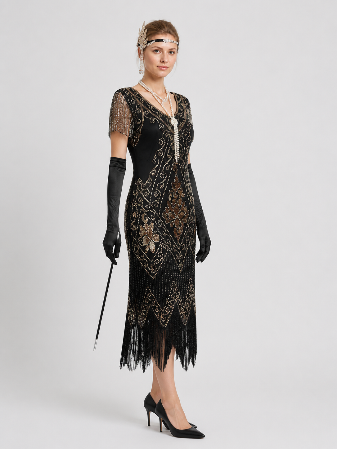 Long Sequined Dress with Fringe, Retro Set side view
