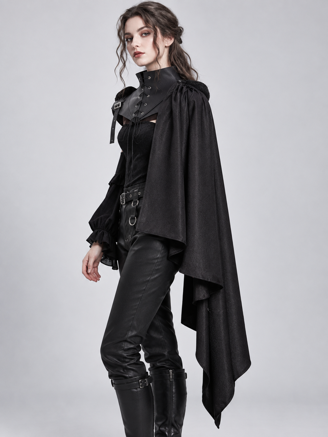 Medieval Black Cape with High Collar