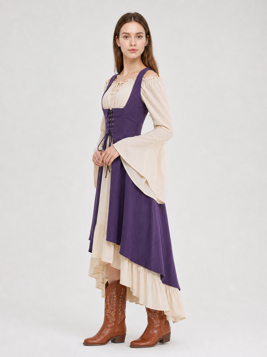 Purple Retro Lace-Up Pinafore Dress