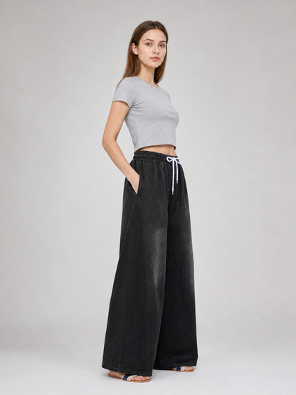 Solid Black Wide-Leg Pants with Elastic Waist and Contrast White Drawstrings side view 6