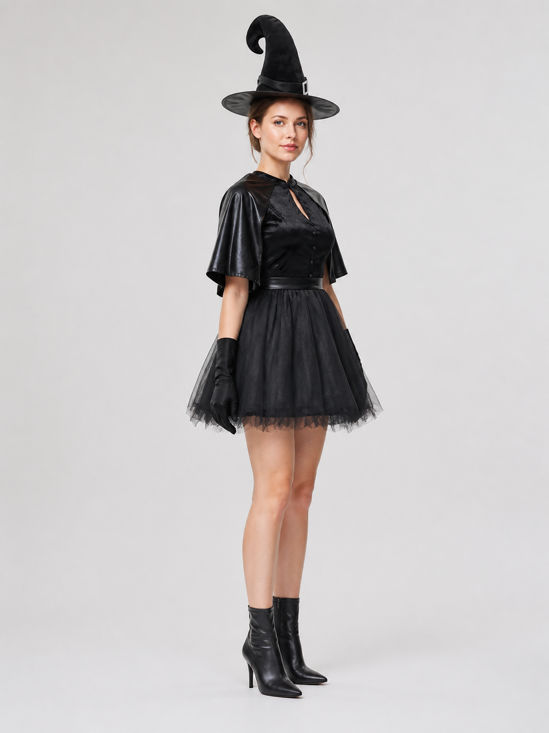 Black Witch Costume with Hat and Gloves for Halloween side view