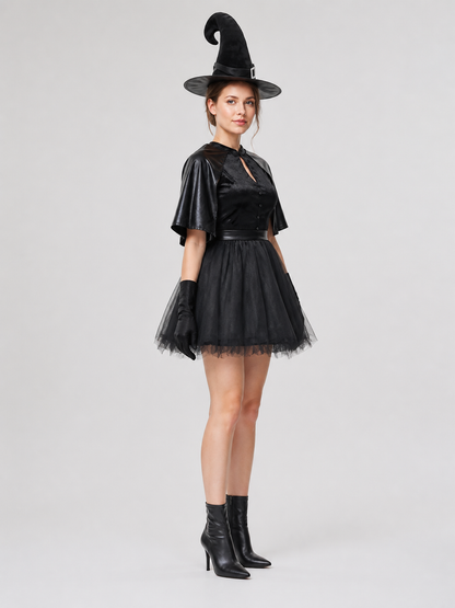 Black Witch Costume with Hat and Gloves for Halloween side view