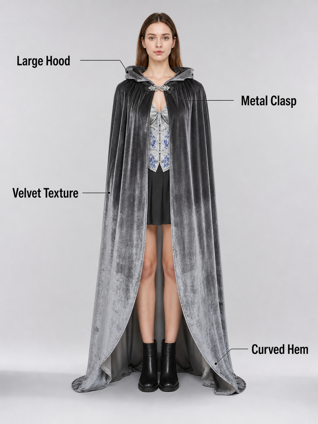 Gray Hooded Long Costume Cape