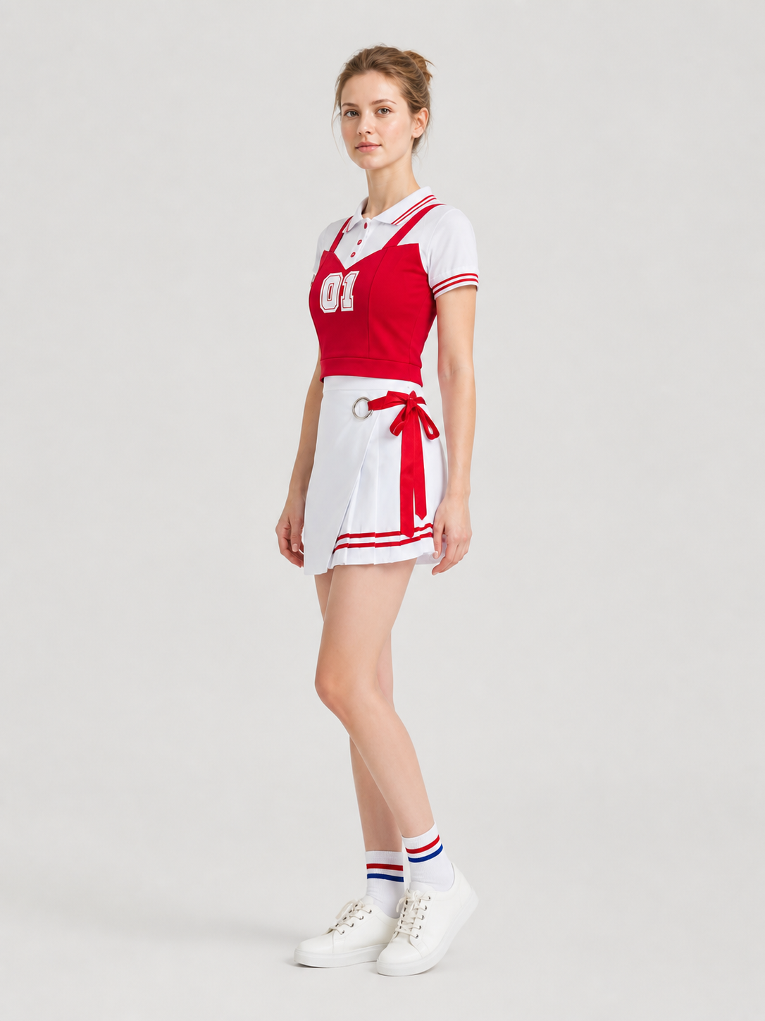 Red and White Cheerleading Costume, Shirt and Skirt side view